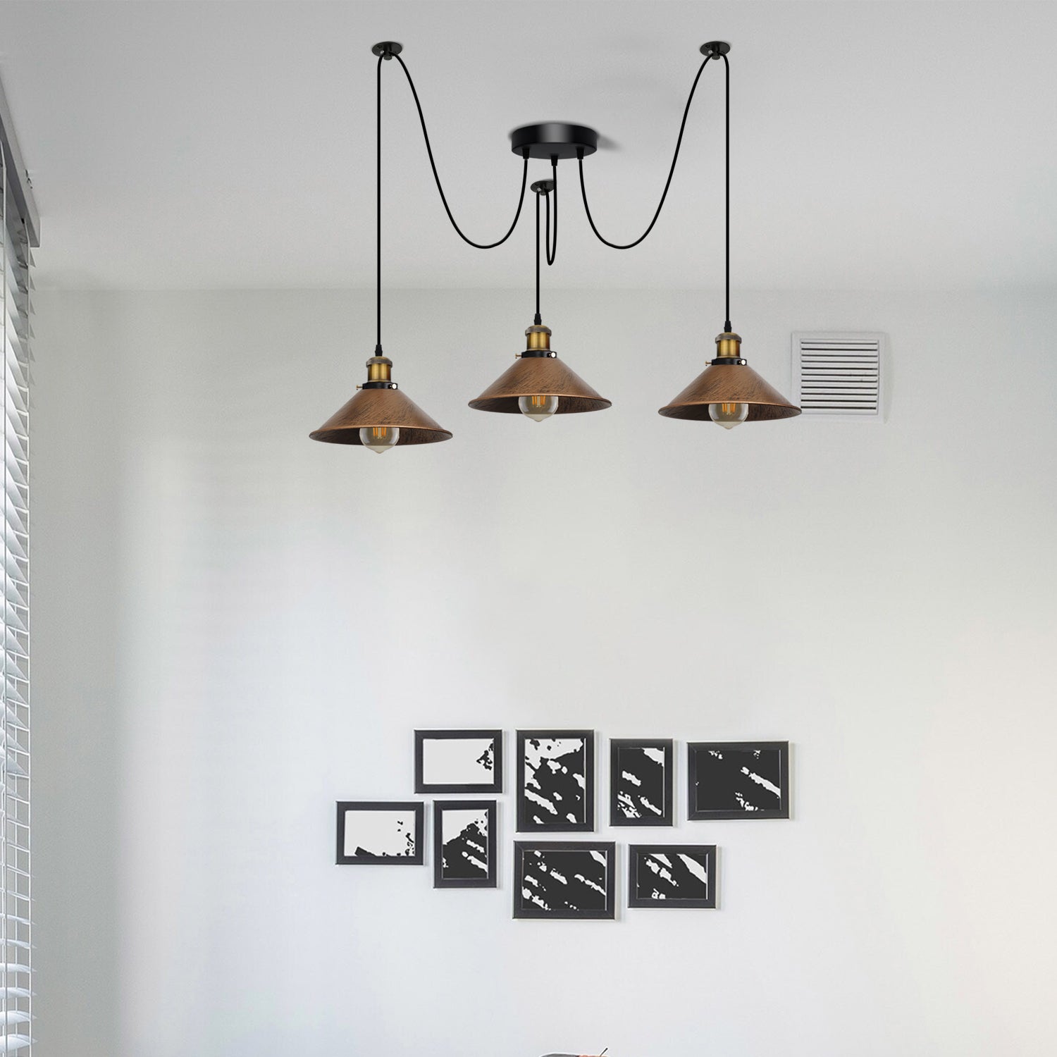 Elegant 3-Way Spider Pendant Light with Brushed Copper Shades, Adjustable Cables