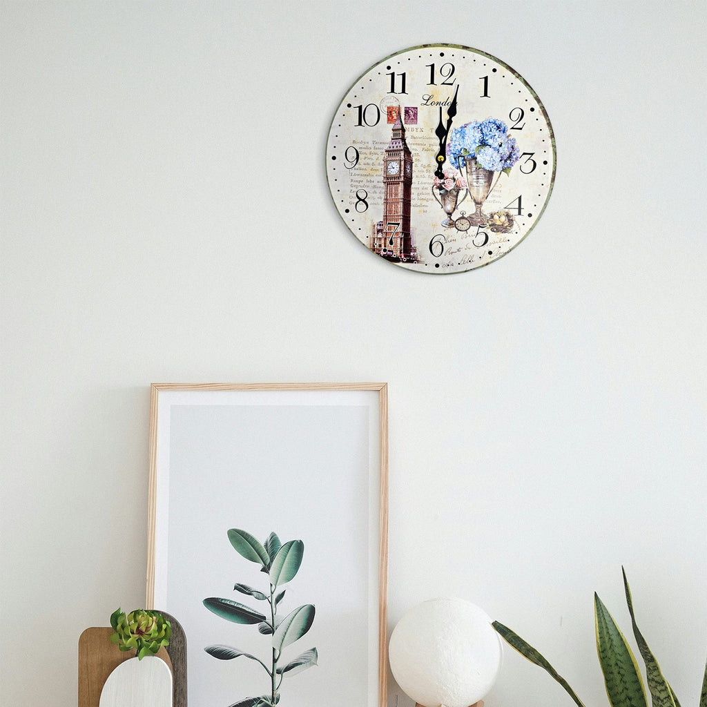 Retro Round Shabby Chic Patchwork Wooden Decorative Wall Art Clock