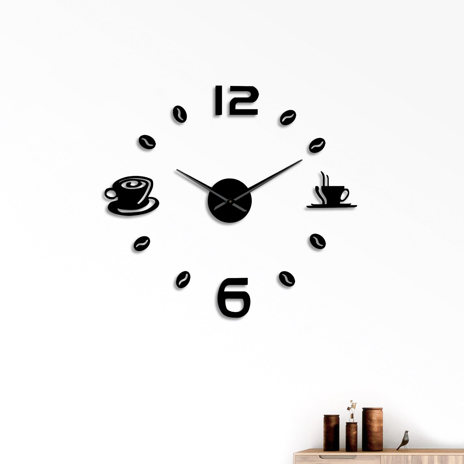 Modern Frameless 3D Number Wall Clock - Coffee Time Sticker Design