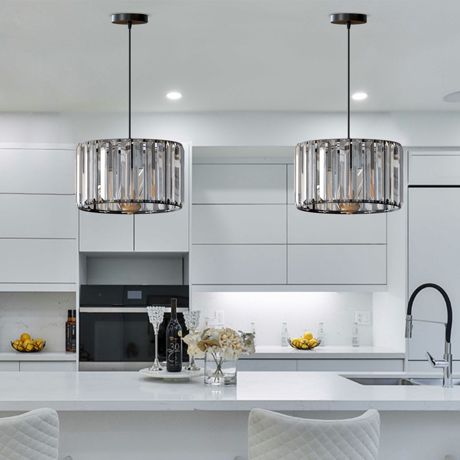 Modern Crystal Glass Drum Shade Pendant Light – Elegant Hanging Chandelier Fixture