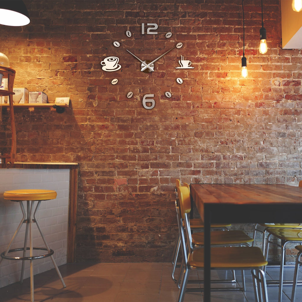 Modern Frameless 3D Number Wall Clock - Coffee Time Sticker Design