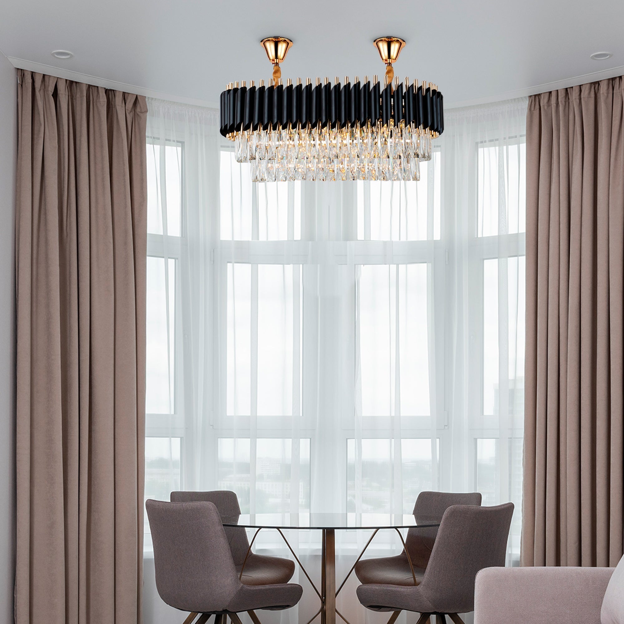 Modern Black Gold Crystal Chandelier & Matching Wall Sconce Light Set