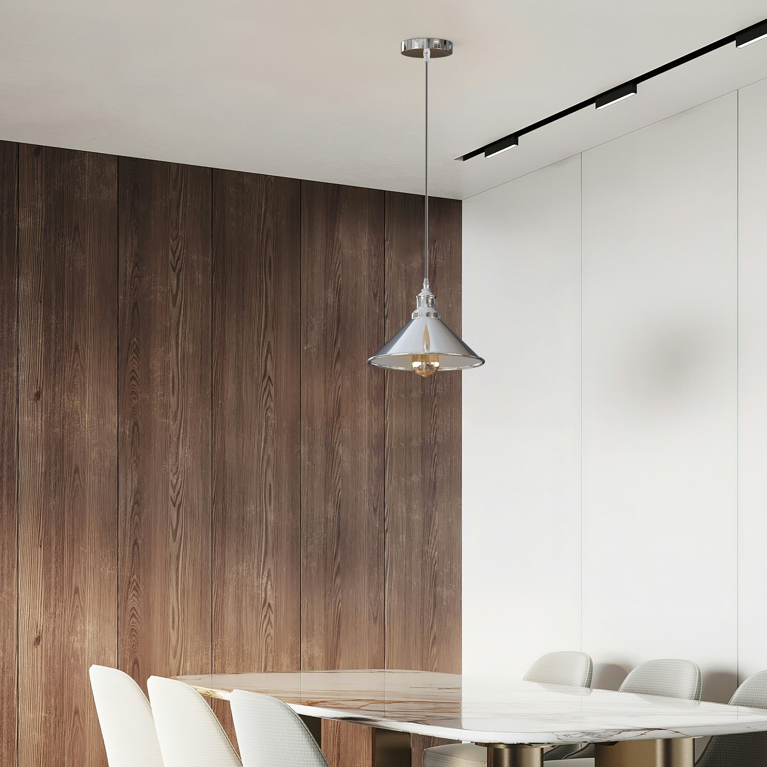 Modern Industrial Chrome Cone Pendant Light Fixture with Adjustable Height