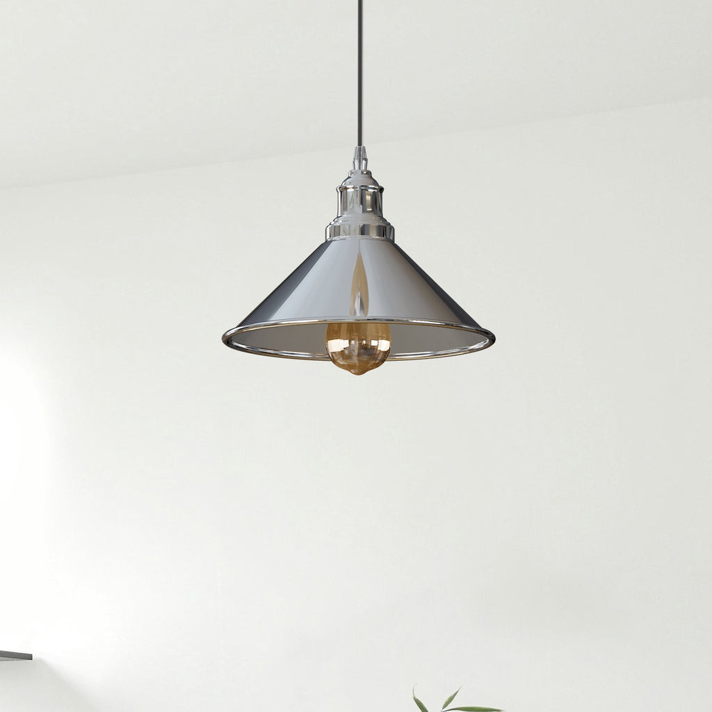 Modern Industrial Chrome Cone Pendant Light Fixture with Adjustable Height