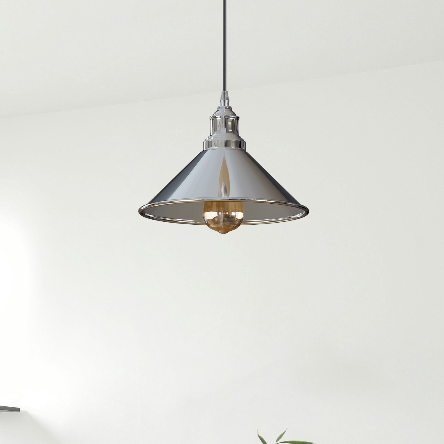 Modern Industrial Chrome Cone Pendant Light Fixture with Adjustable Height