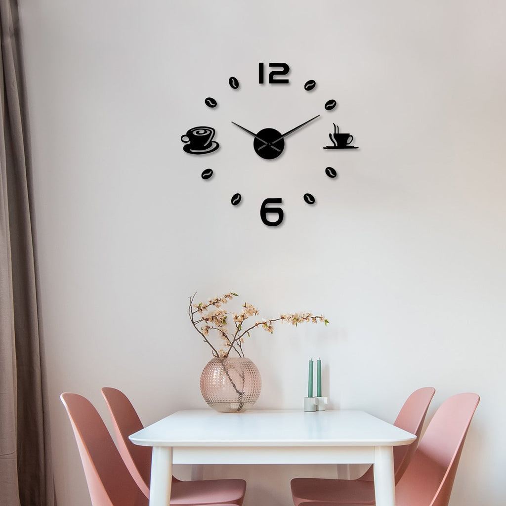 Modern Frameless 3D Number Wall Clock - Coffee Time Sticker Design