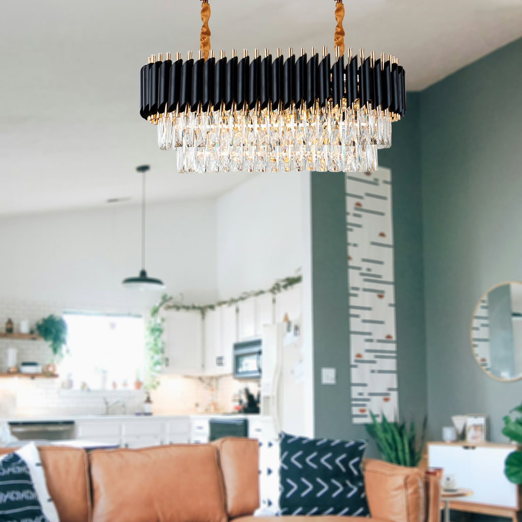 Modern Black Gold Crystal Chandelier & Matching Wall Sconce Light Set