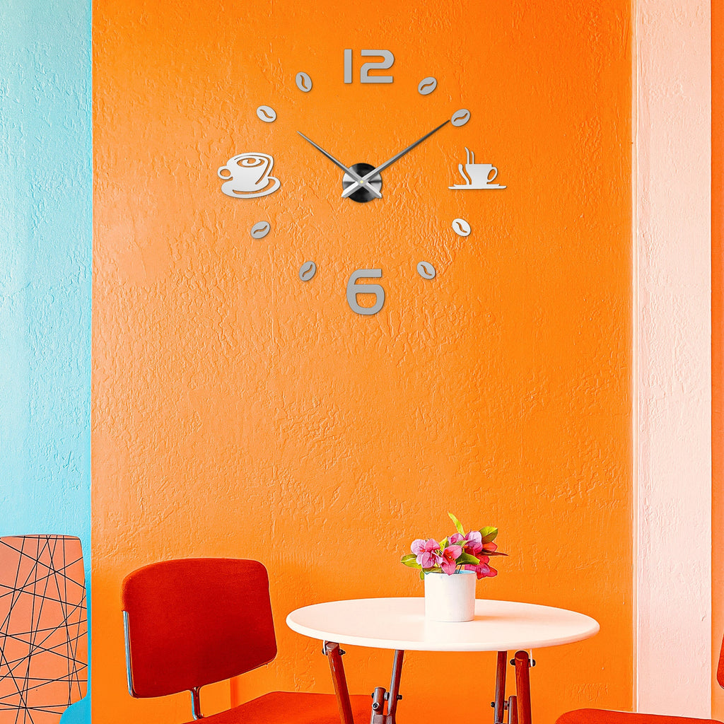 Modern Frameless 3D Number Wall Clock - Coffee Time Sticker Design