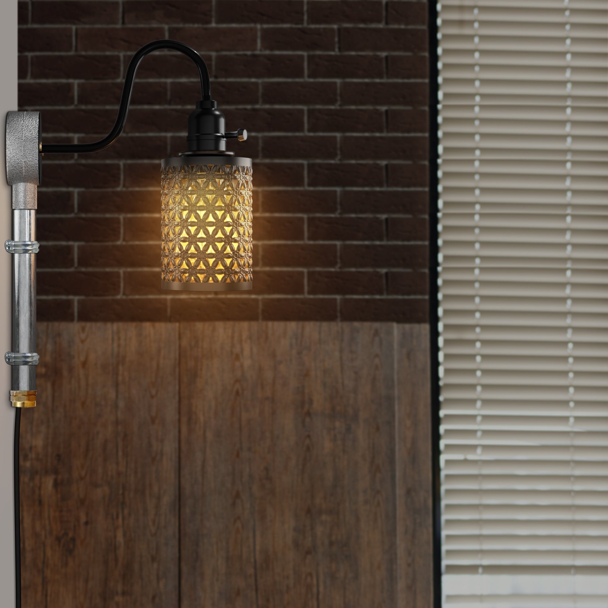 Industrial Galvanised Metal Swan Neck Plug-in Wall Light with Bulb Guard Cage