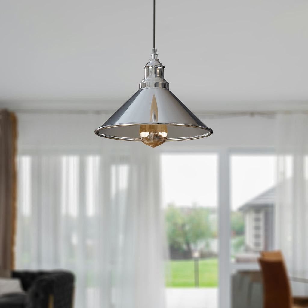 Modern Industrial Chrome Cone Pendant Light Fixture with Adjustable Height