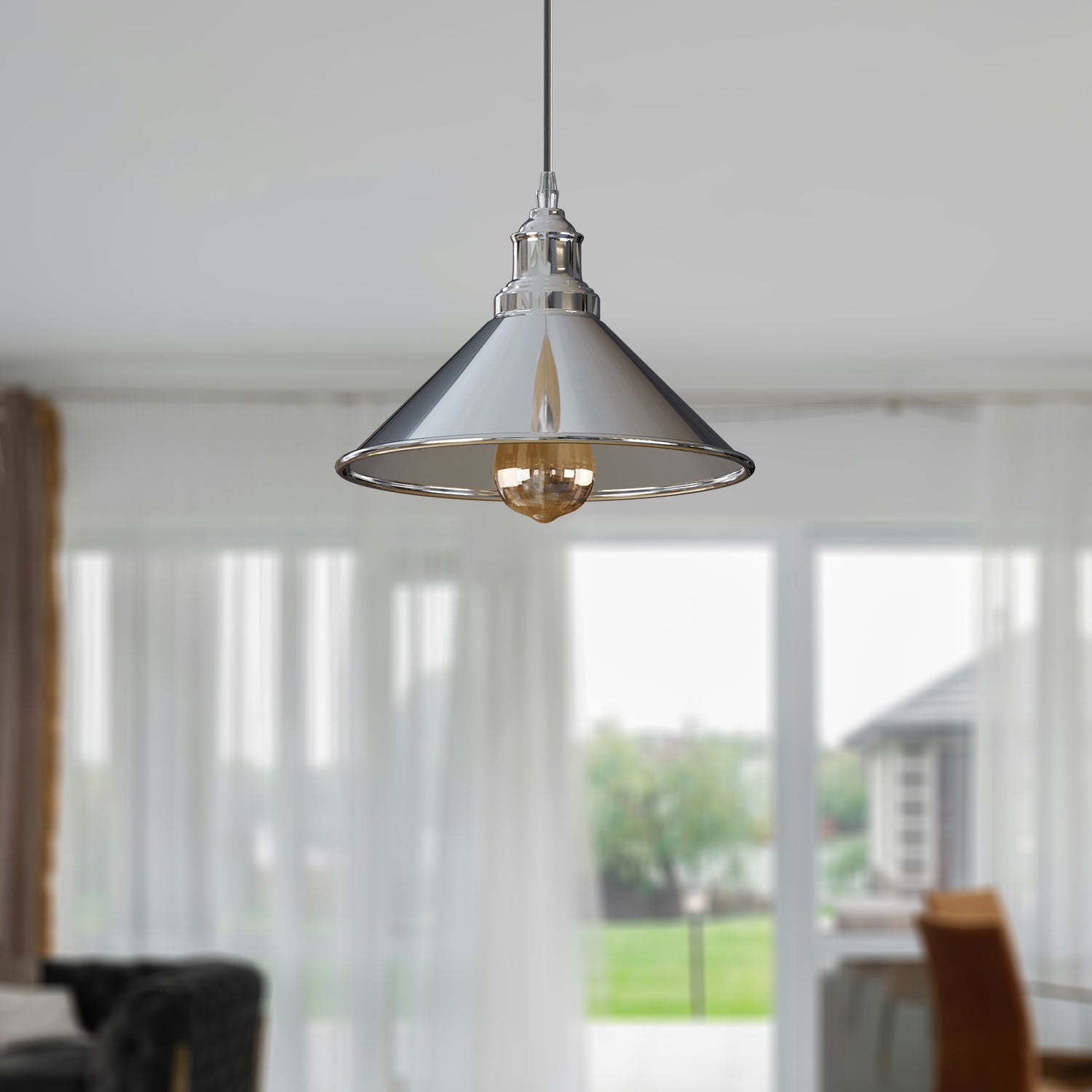 Modern Industrial Chrome Cone Pendant Light Fixture with Adjustable Height