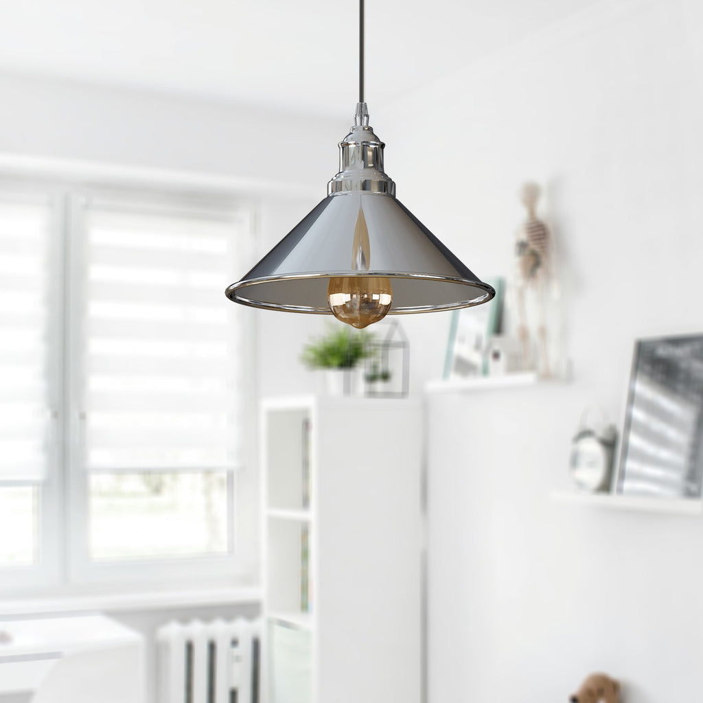 Modern Industrial Chrome Cone Pendant Light Fixture with Adjustable Height