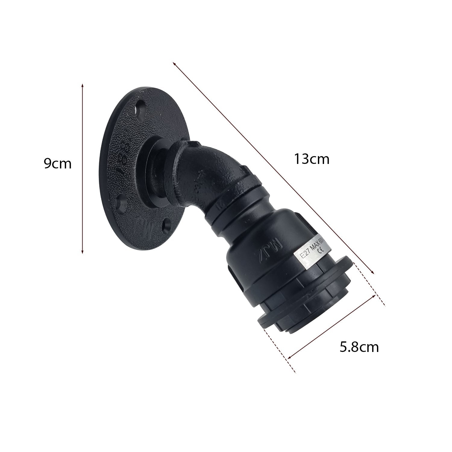 Industrial Water Pipe Wall Lamp Holder E27 Base, Retro Vintage Style Black Metal