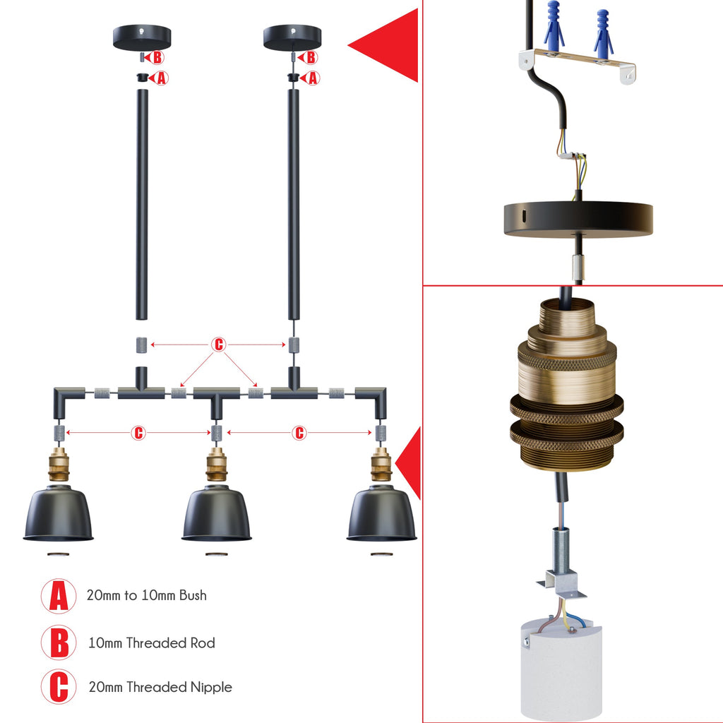 Industrial 3-Way Conduit Pipe Ceiling Pendant Light Fixture with Dome Shades