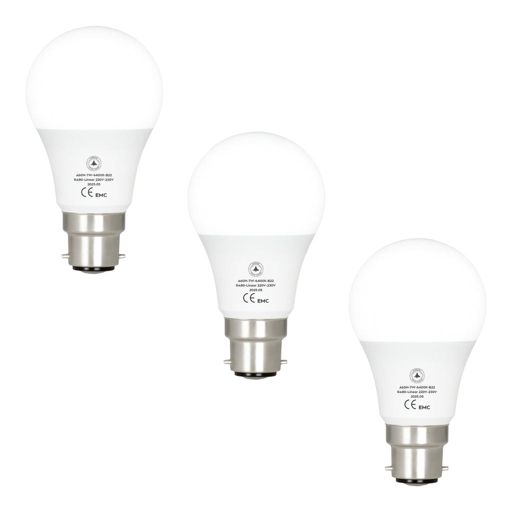 Efficient 7W LED A60 B22 Bayonet Bulb, 6400K Cool White Light