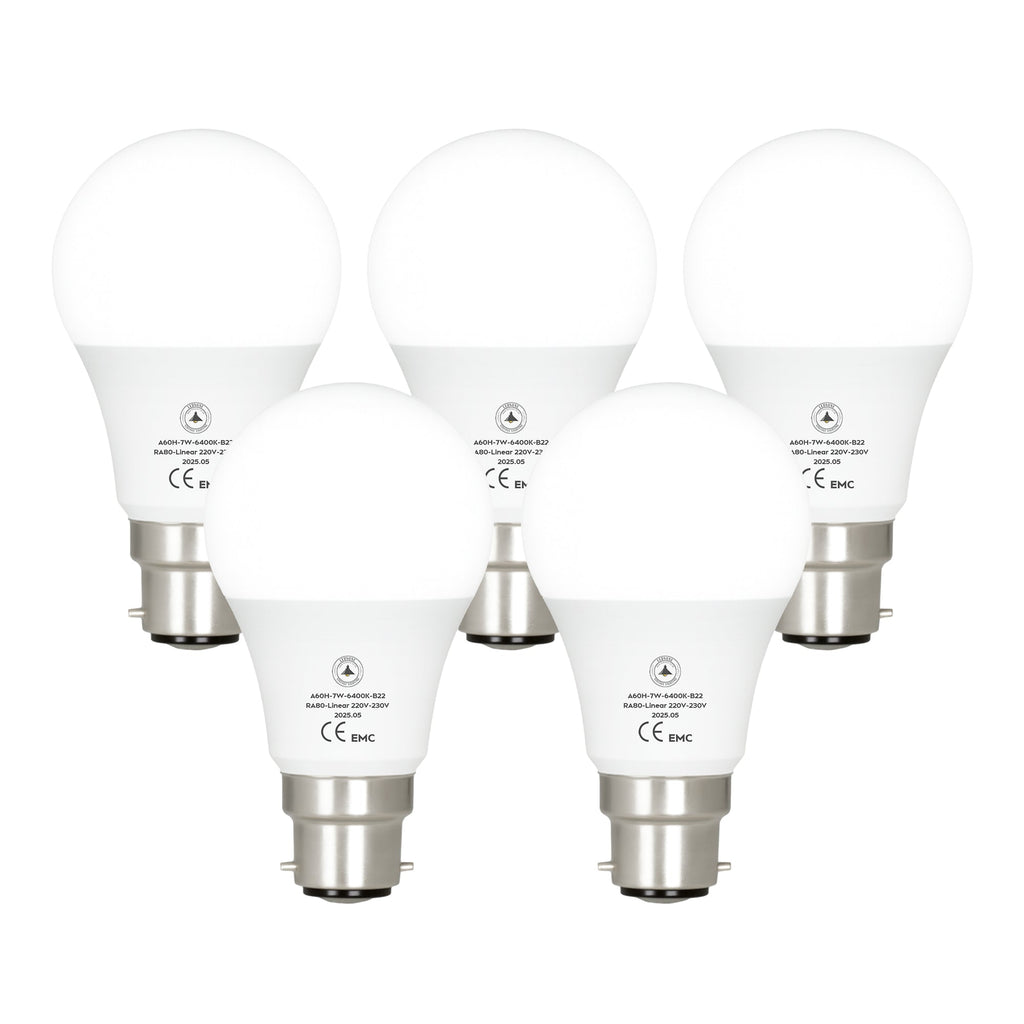 Efficient 7W LED A60 B22 Bayonet Bulb, 6400K Cool White Light