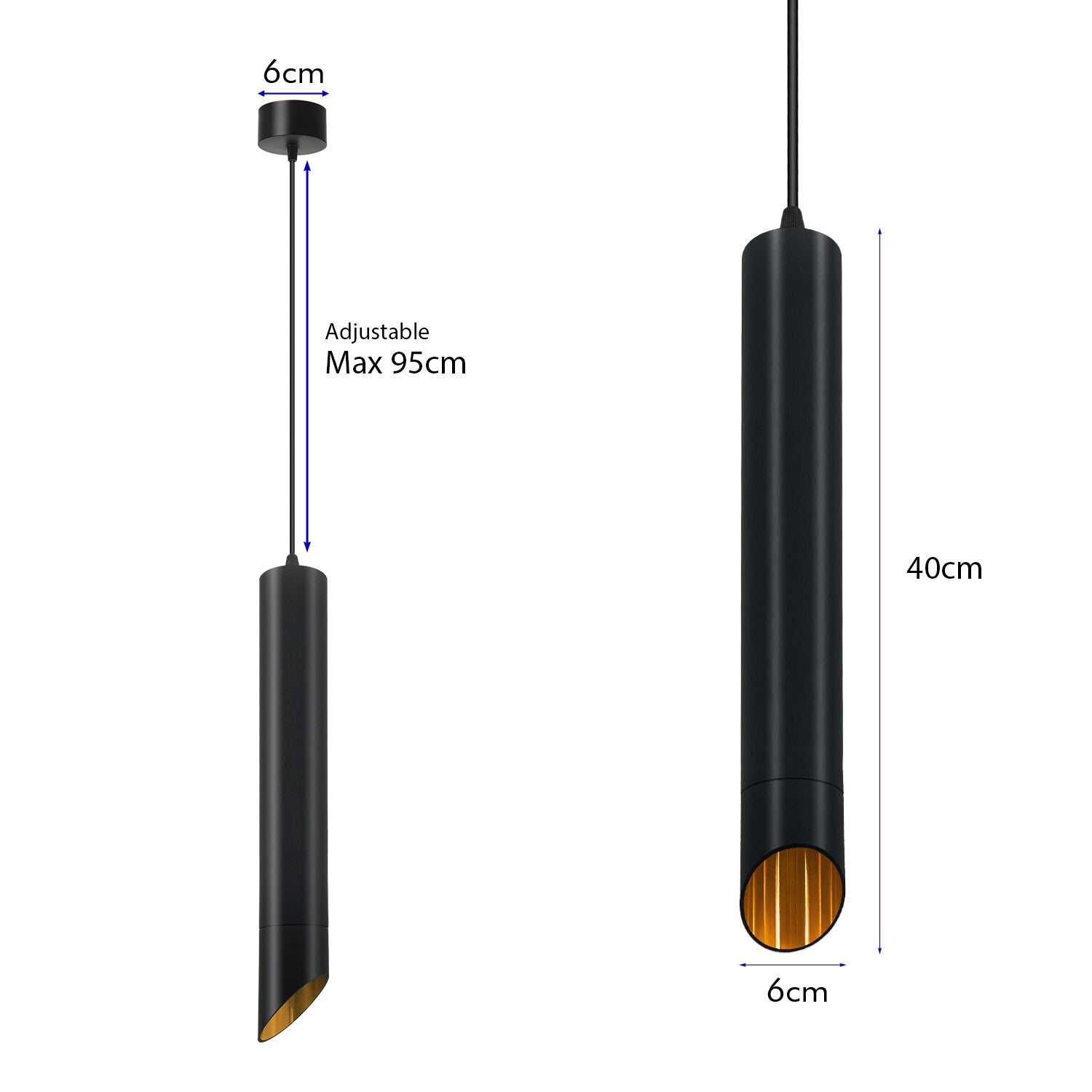 Modern Black & Gold Baton Pendant Light 400mm LED Cylinder ~6246