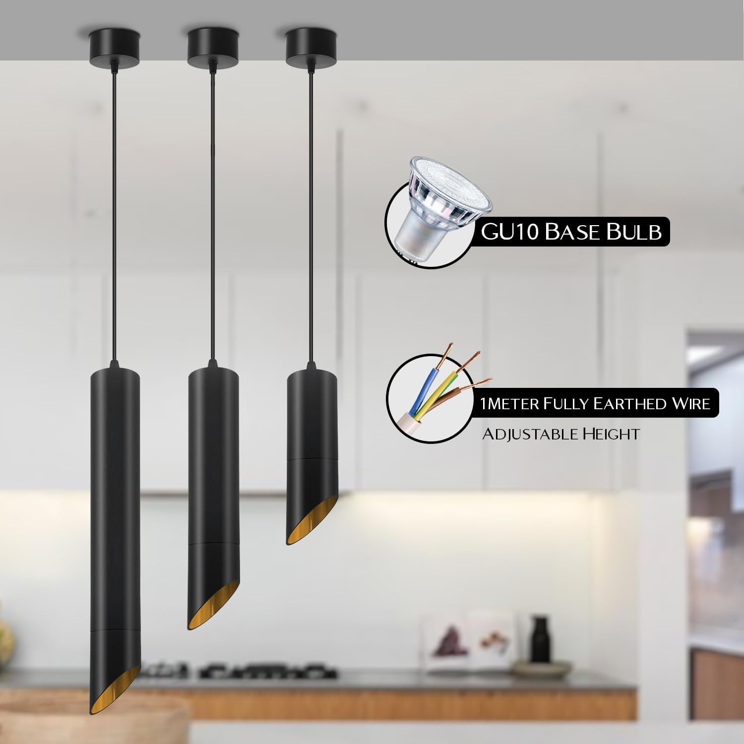Modern Black & Gold Baton Pendant Light 400mm LED Cylinder ~6246