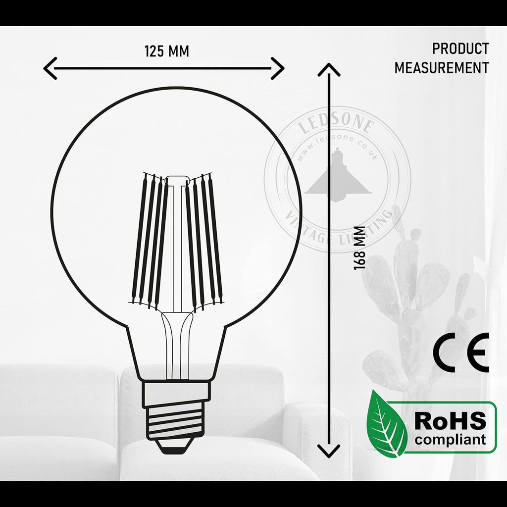 Vintage G125 8W LED Filament Globe Bulb, Amber Glass, E27 Screw Base