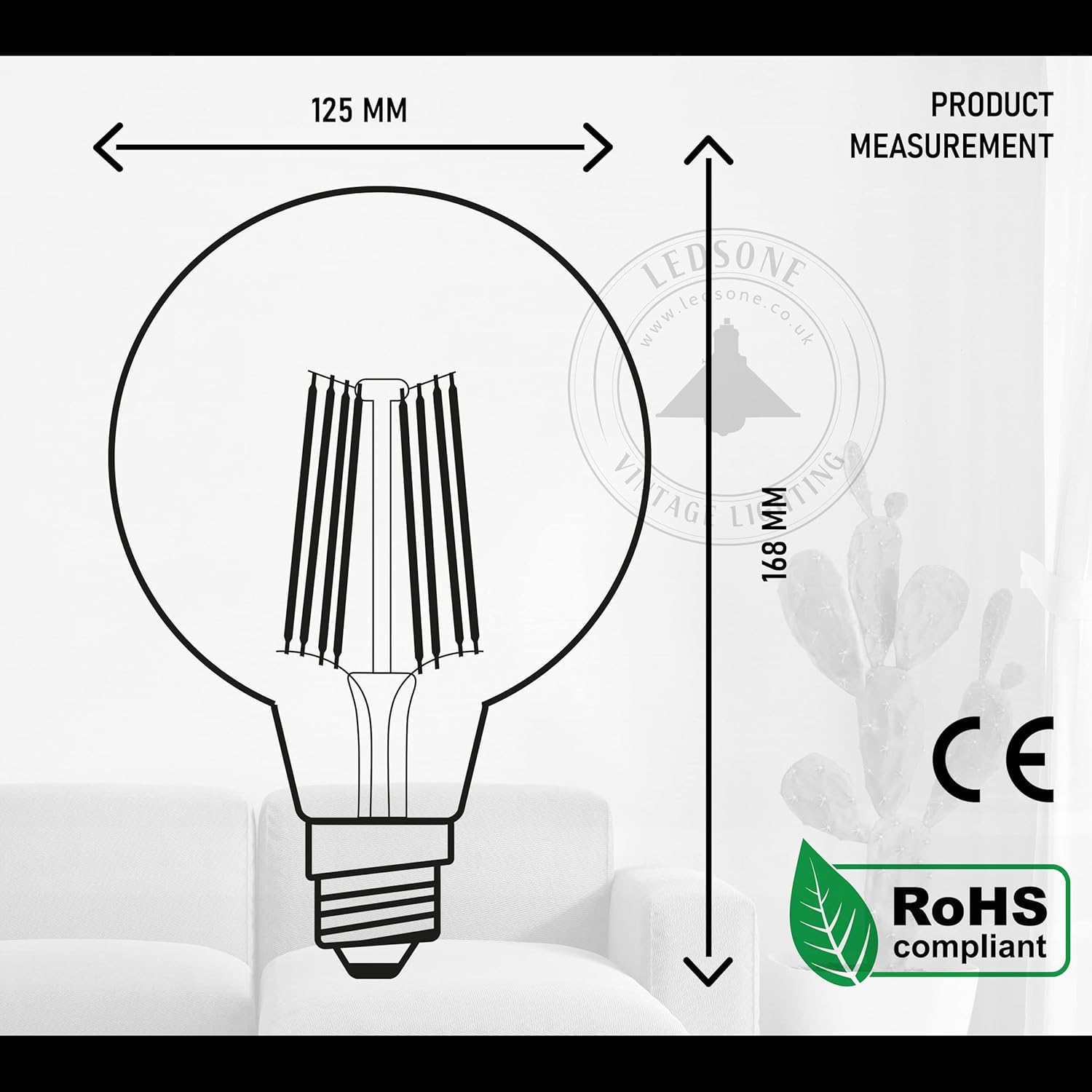 Vintage G125 8W LED Filament Globe Bulb, Amber Glass, E27 Screw Base
