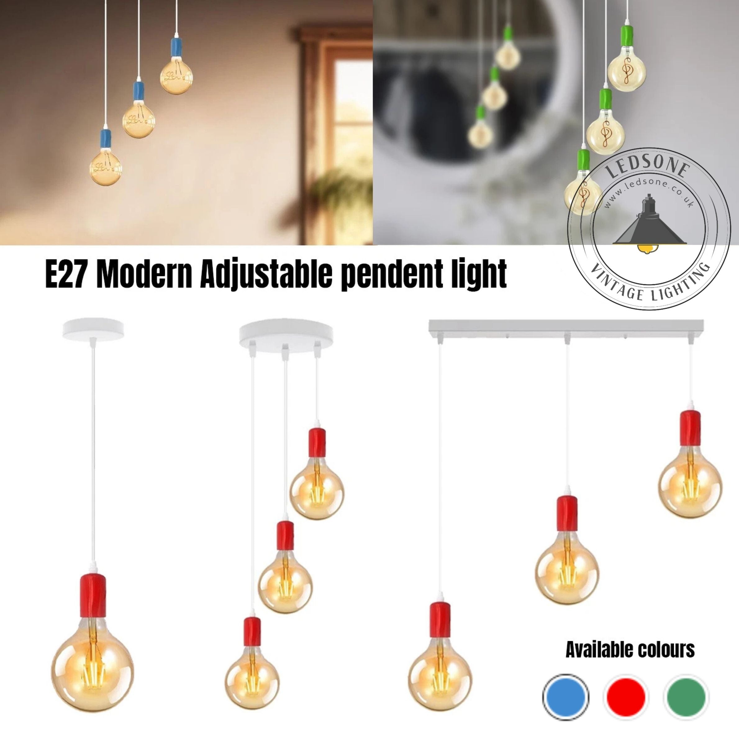 Industrial 3-Light E27 Pendant Fixture, Adjustable Height Hanging Lamp for Kitchen
