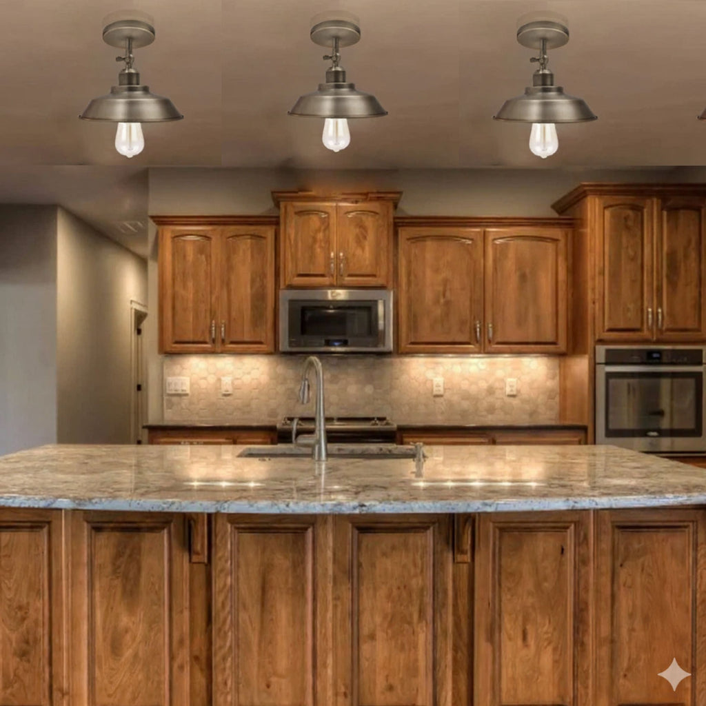 Industrial Flush Mount Ceiling Light | Satin Nickel Curvy Kitchen~6271