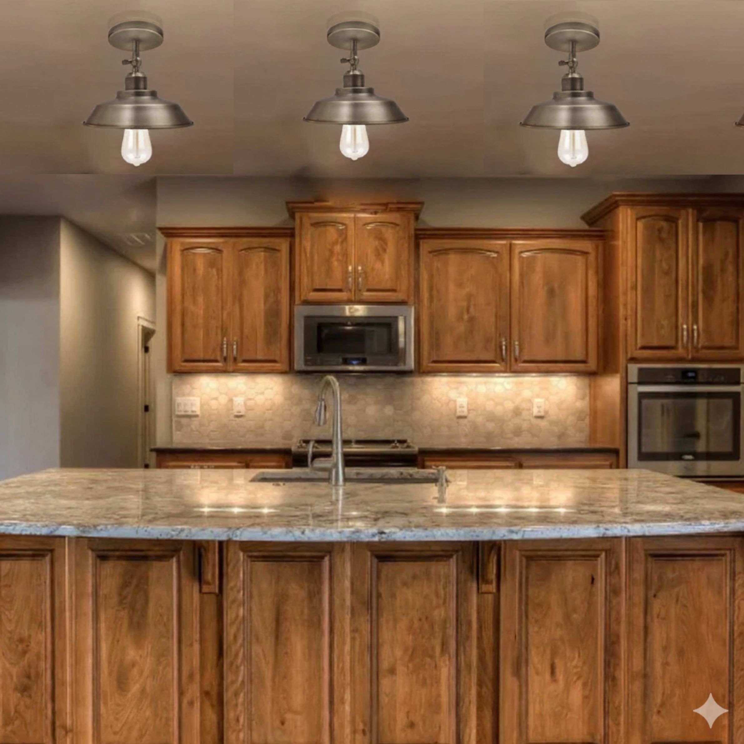 Industrial Flush Mount Ceiling Light | Satin Nickel Curvy Kitchen~6271