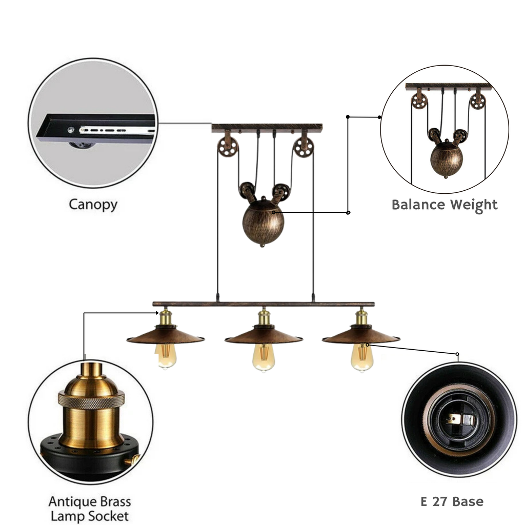 Vintage Industrial 3-Light Pulley Ceiling Pendant Chandelier, Adjustable Brushed Copper Finish