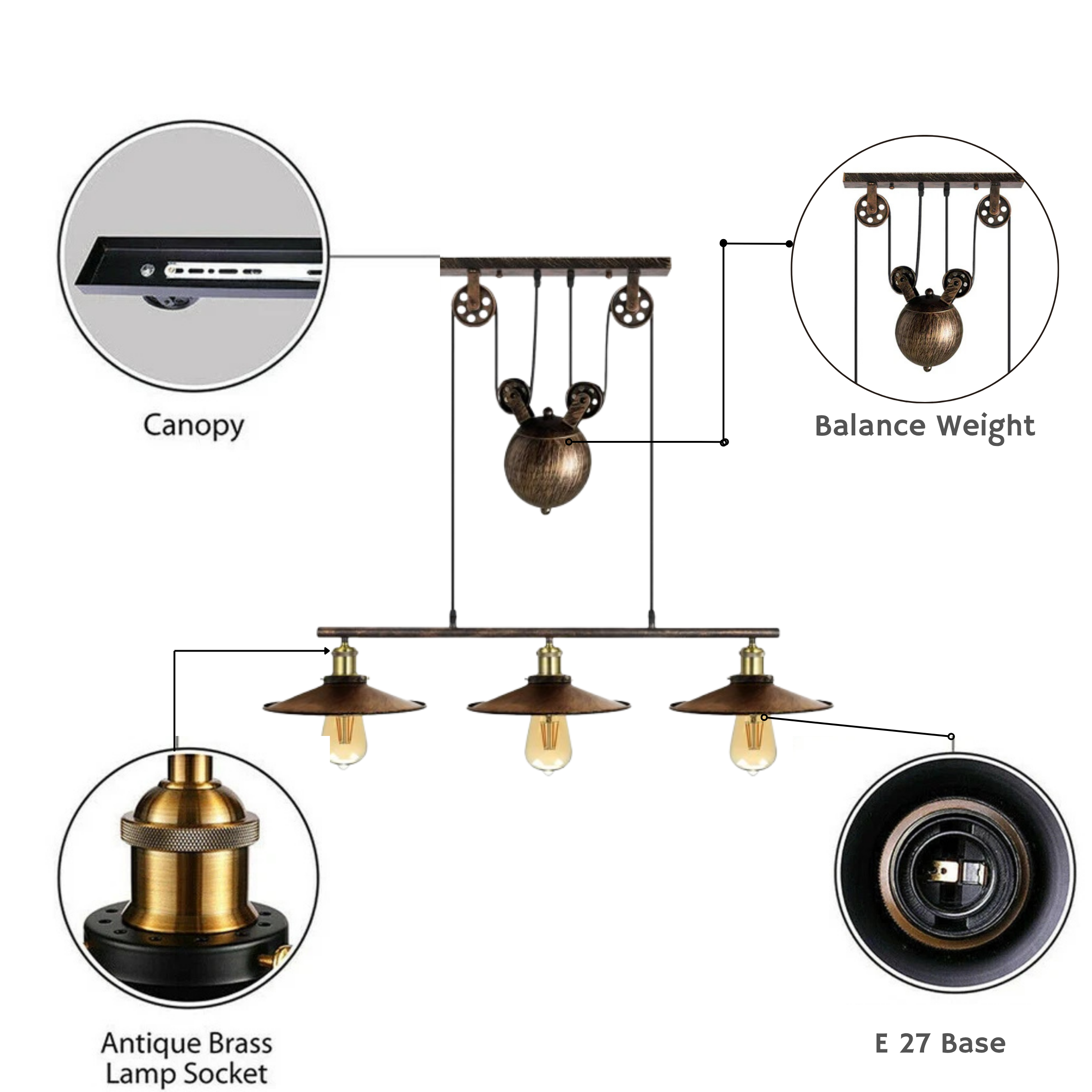 Vintage Industrial 3-Light Pulley Ceiling Pendant Chandelier, Adjustable Brushed Copper Finish