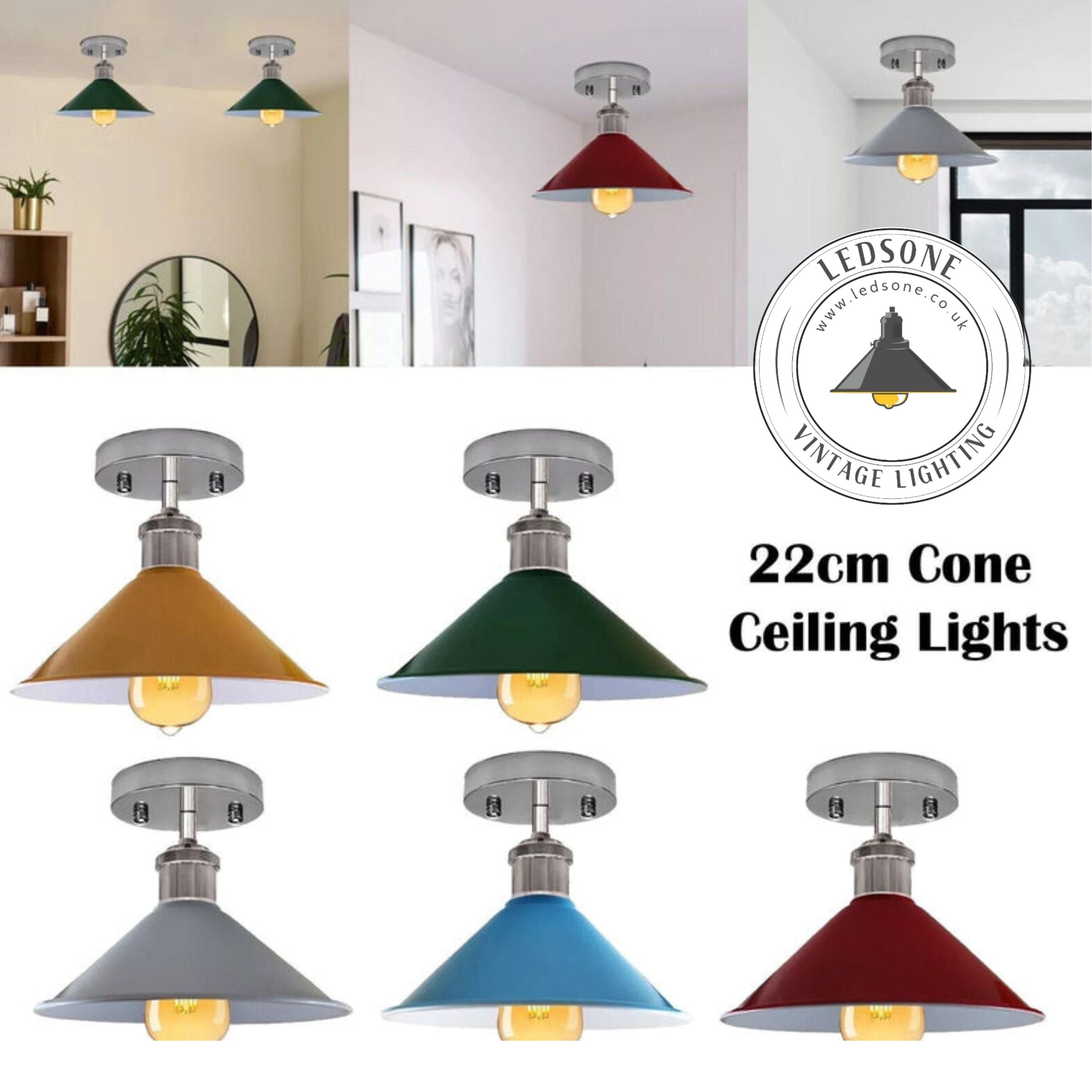 Industrial Cone Flush Mount Ceiling Light, Vintage Retro Metal Fixture for Living Room