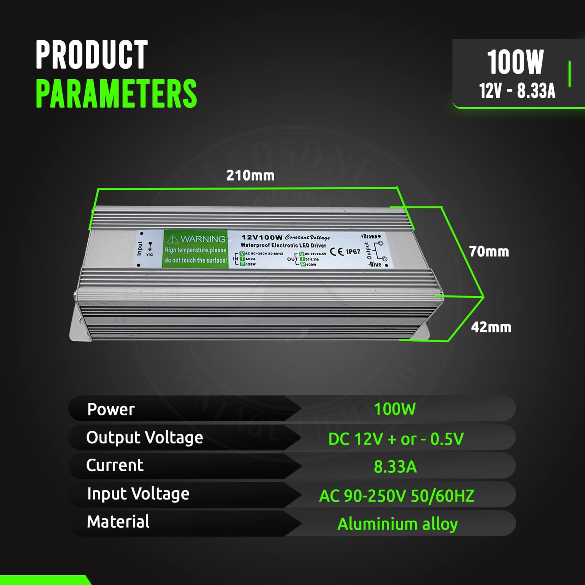 IP67 Waterproof DC 12V 100W LED Power Supply Driver Outdoor Transformer