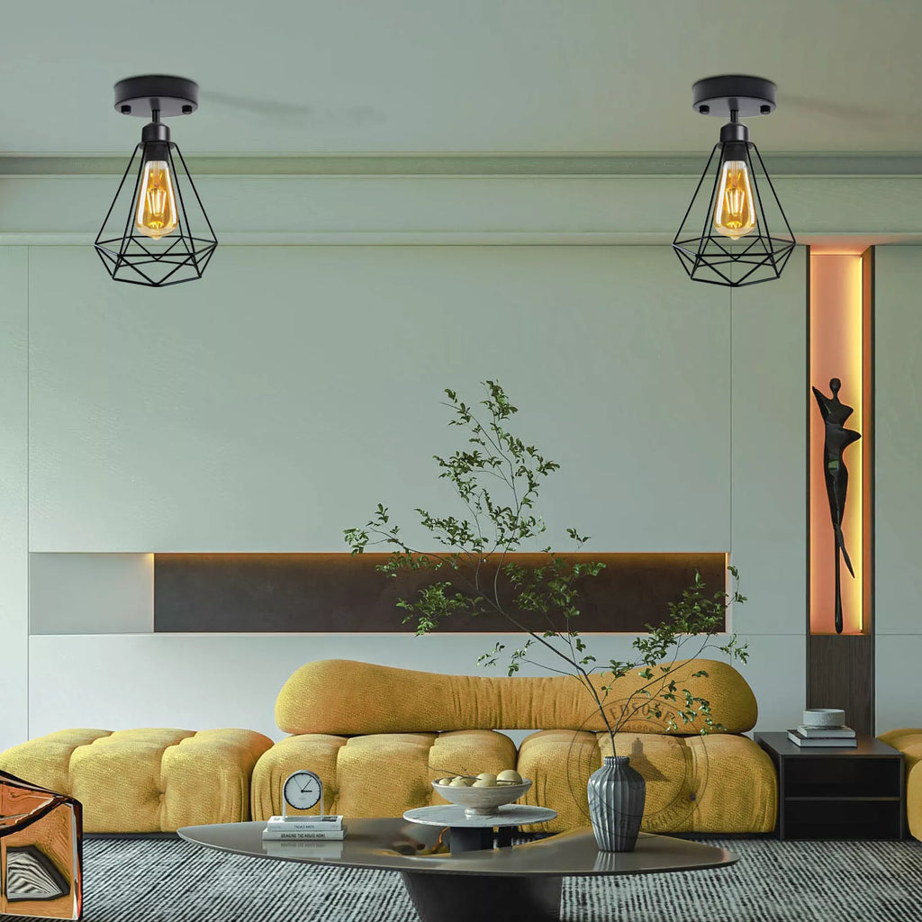 Modern Black Wire Cage Semi Flush Mount Ceiling Light with E27 Base