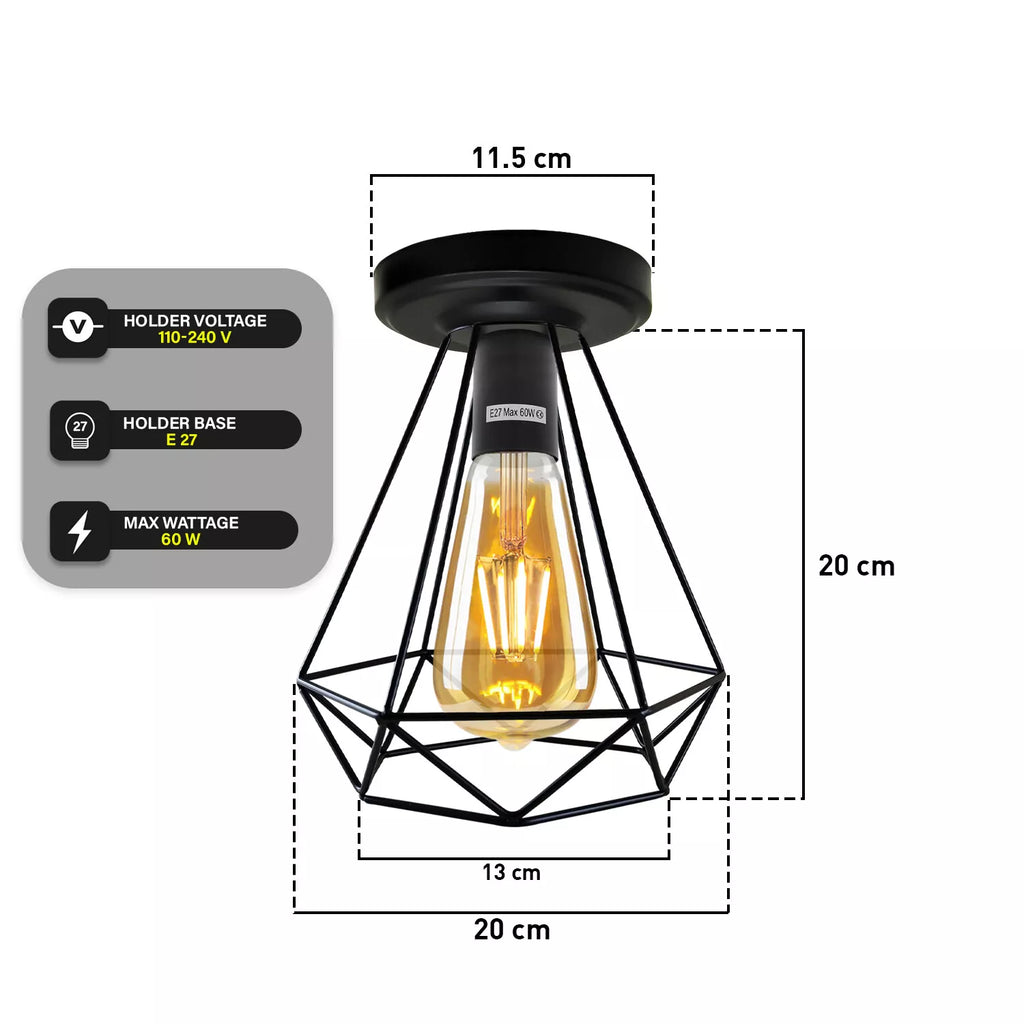 Modern Black Wire Cage Semi Flush Mount Ceiling Light with E27 Base