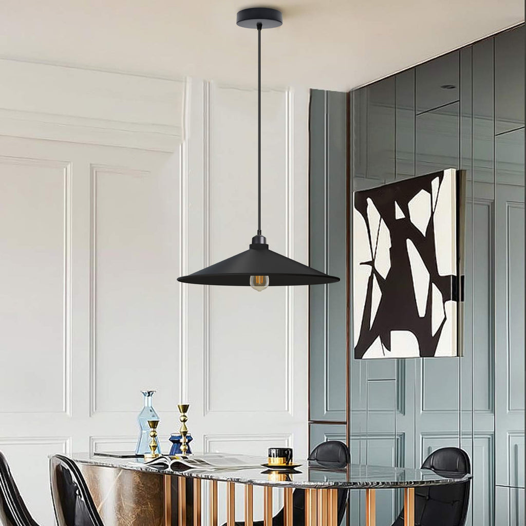 Retro Flat Cone Metal Pendant Light Fixture, Adjustable Cable, E27 Socket