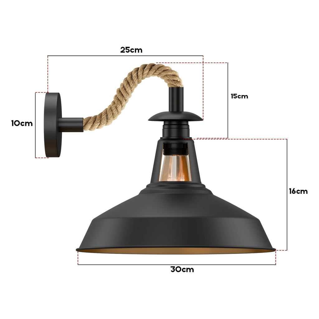 Vintage Industrial Black Rope Wall Sconce with Slotted Barn Shade