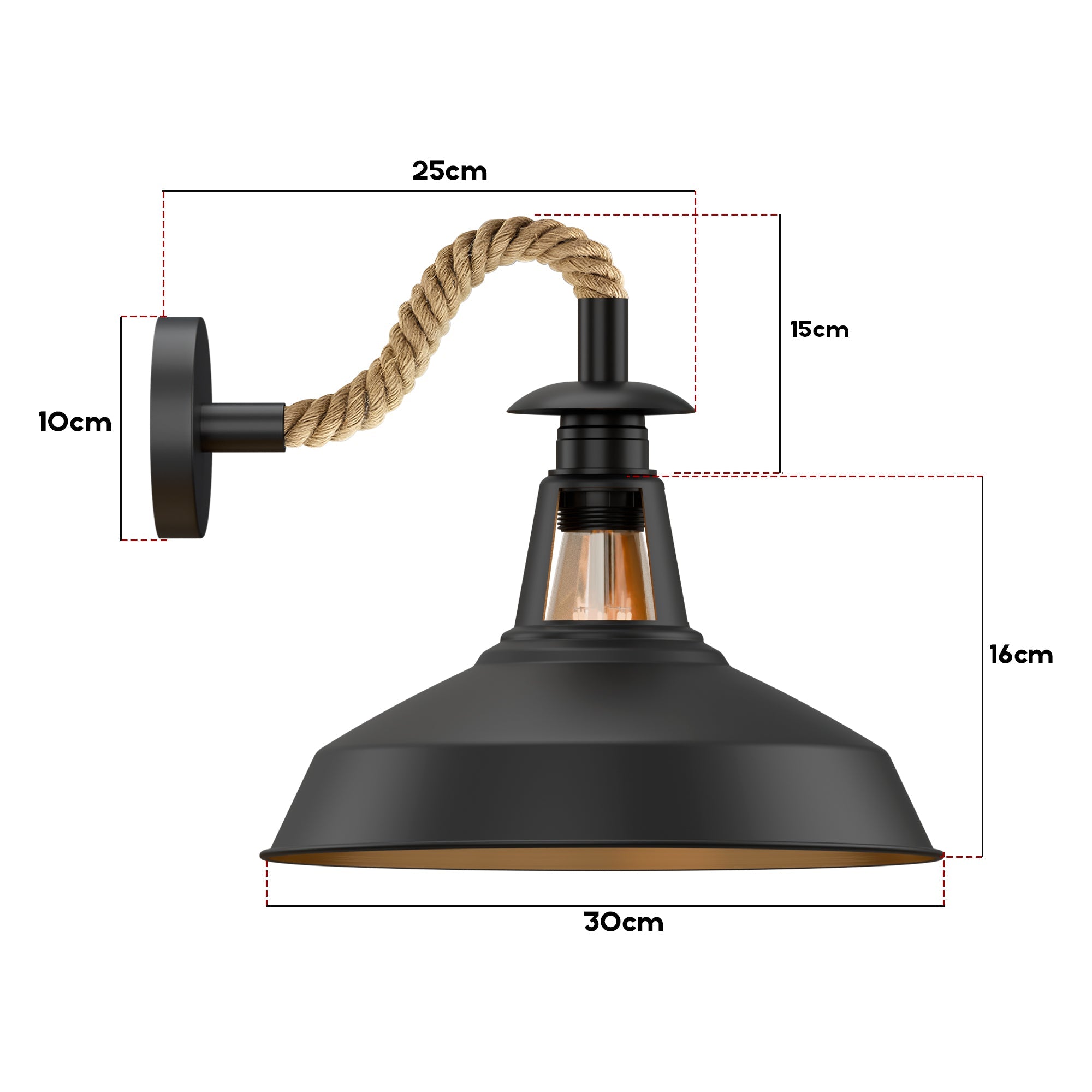 Vintage Industrial Black Rope Wall Sconce with Slotted Barn Shade