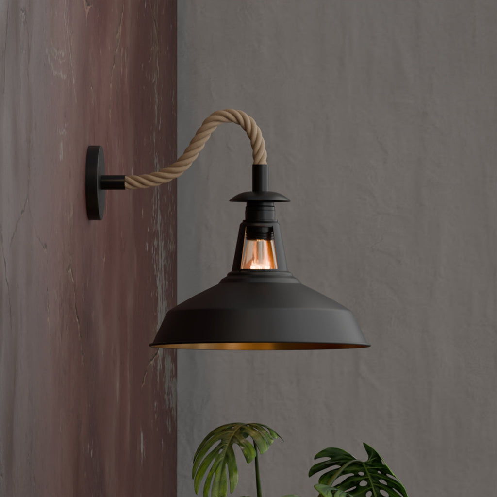 Vintage Industrial Black Rope Wall Sconce with Slotted Barn Shade