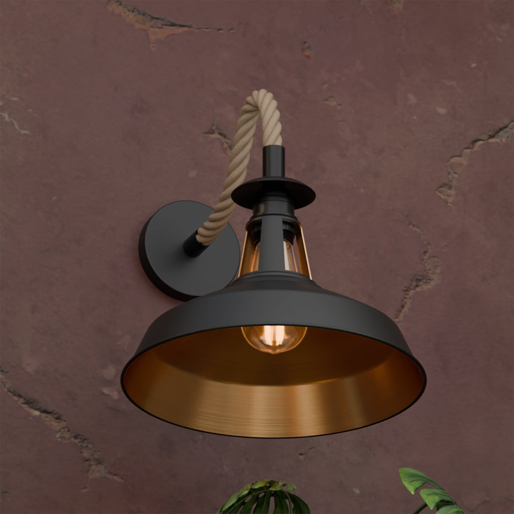 Vintage Industrial Black Rope Wall Sconce with Slotted Barn Shade