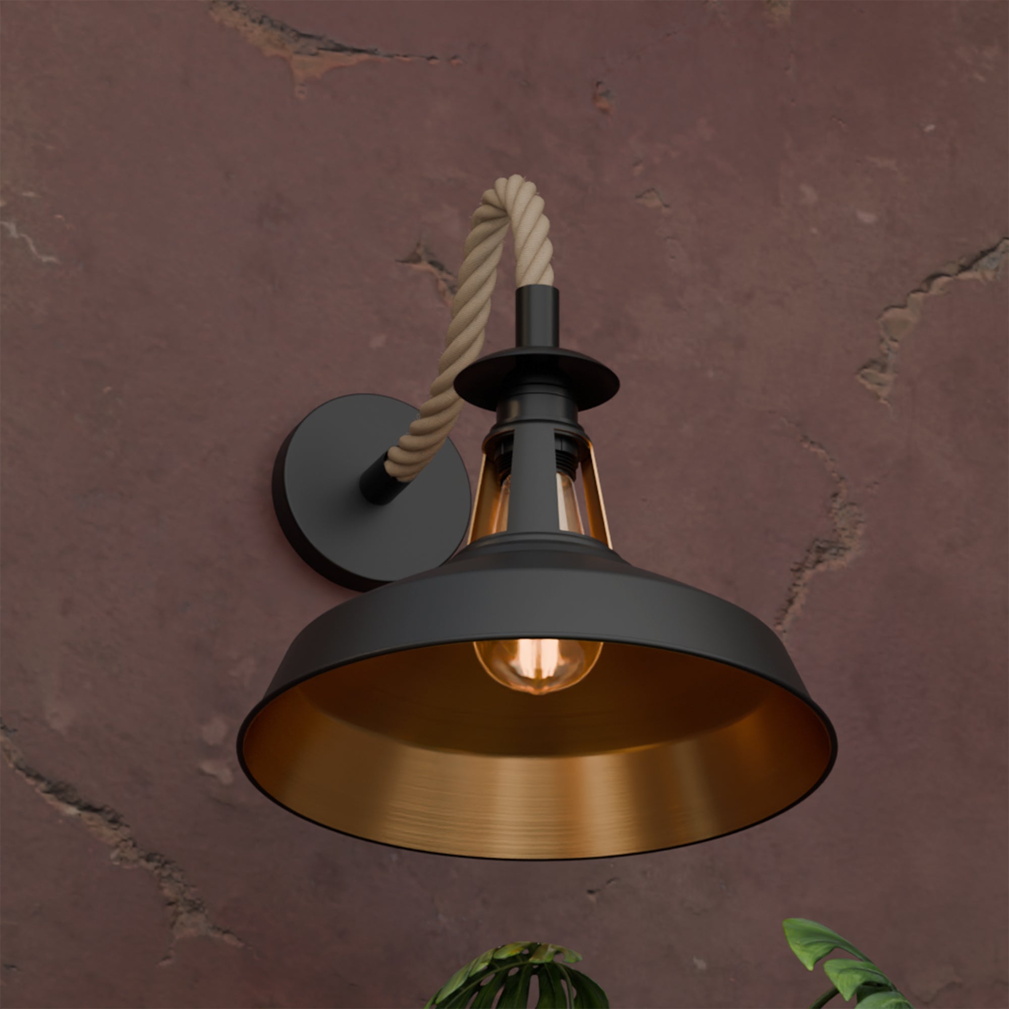 Vintage Industrial Black Rope Wall Sconce with Slotted Barn Shade