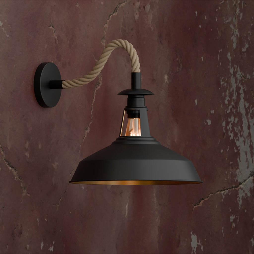 Vintage Industrial Black Rope Wall Sconce with Slotted Barn Shade
