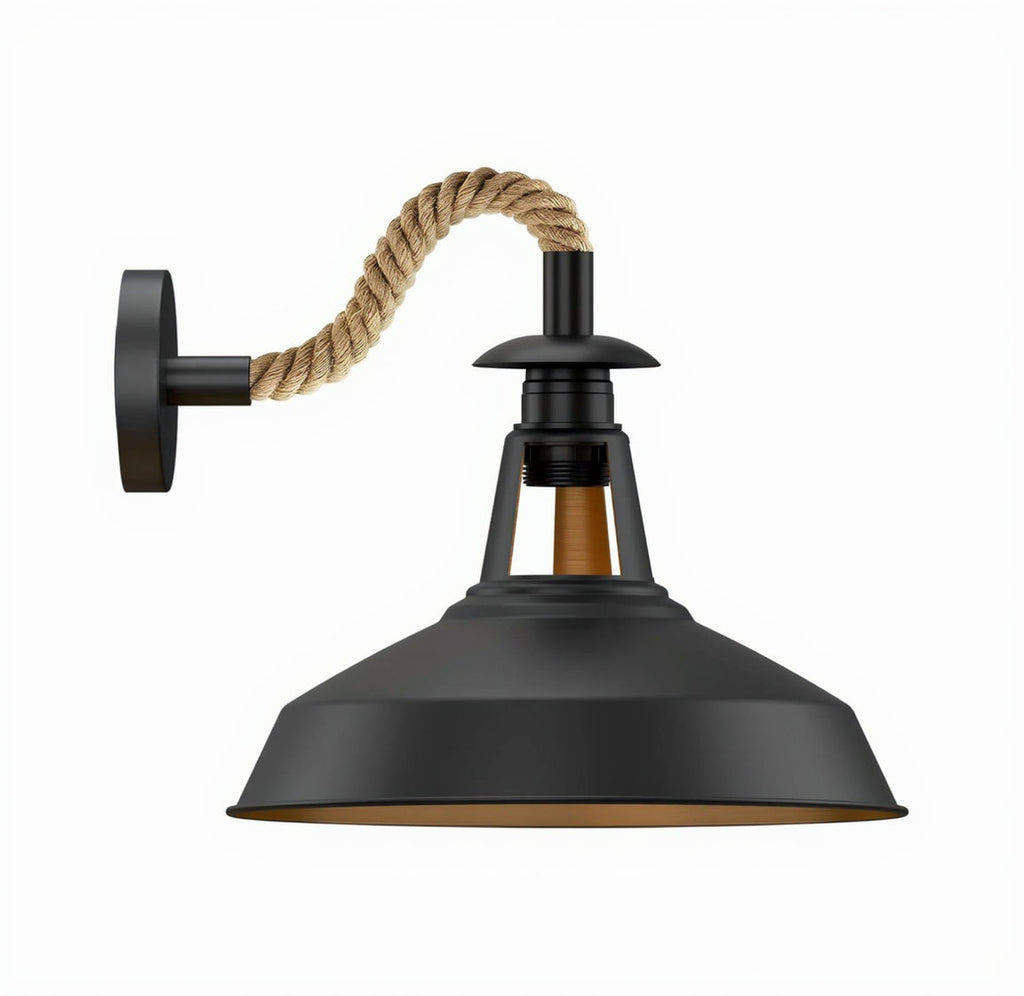 Vintage Industrial Black Rope Wall Sconce with Slotted Barn Shade