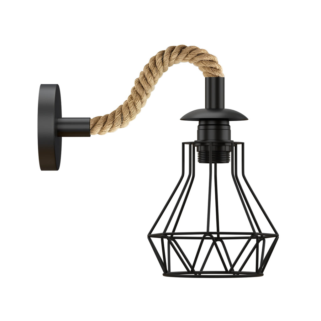 Black Rope Wall Sconce, Industrial 14cm Diamond Cage Light, Vintage Fixture