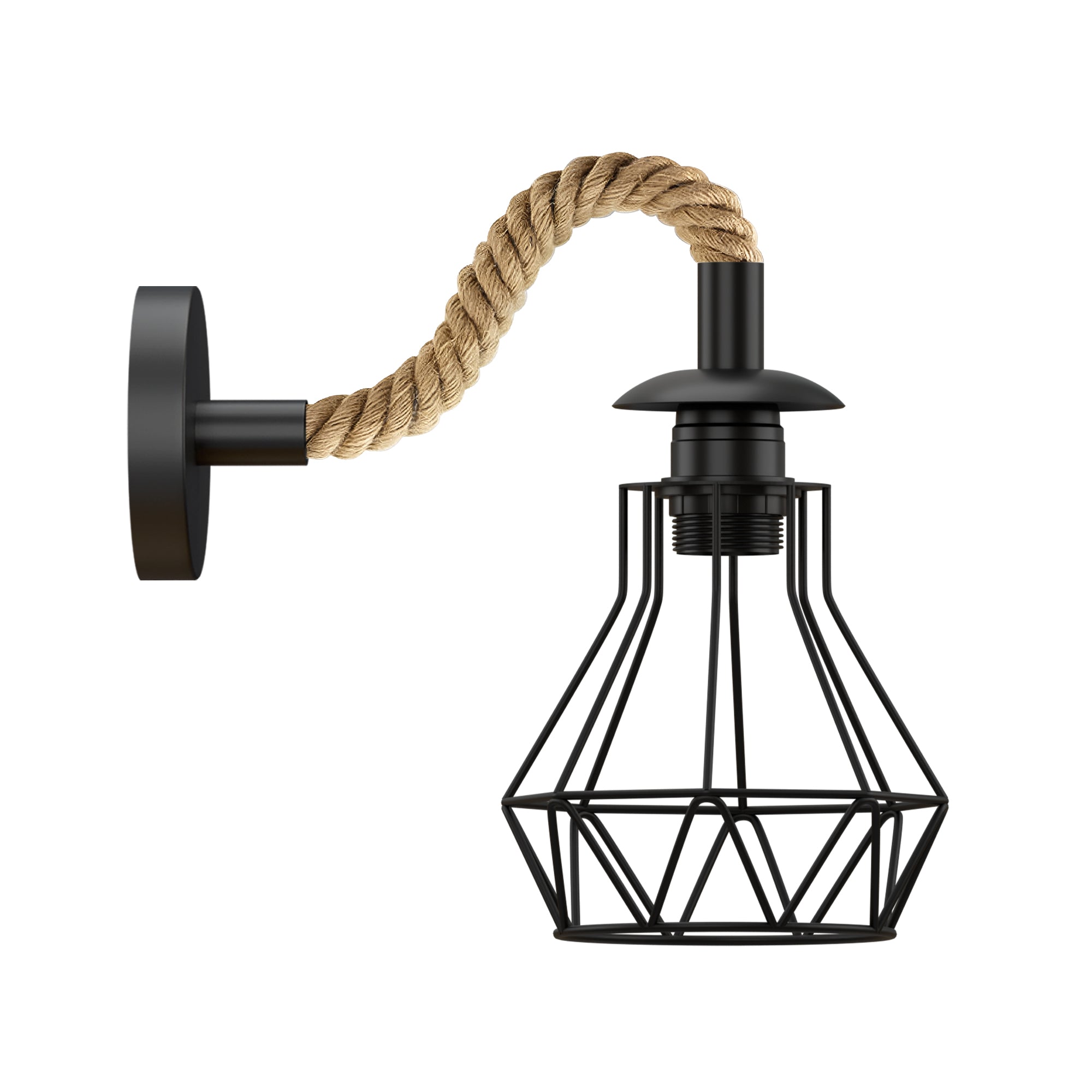 Black Rope Wall Sconce, Industrial 14cm Diamond Cage Light, Vintage Fixture