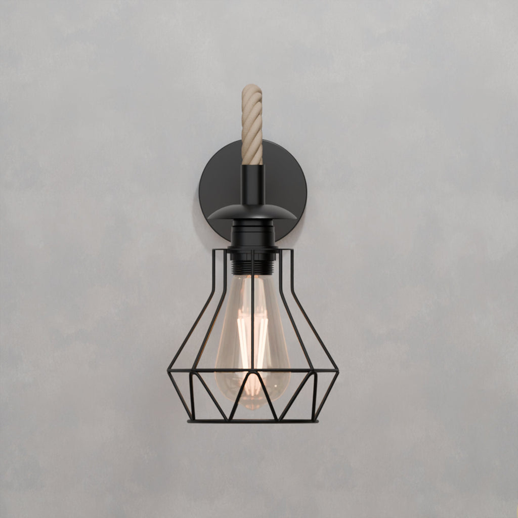 Black Rope Wall Sconce, Industrial 14cm Diamond Cage Light, Vintage Fixture