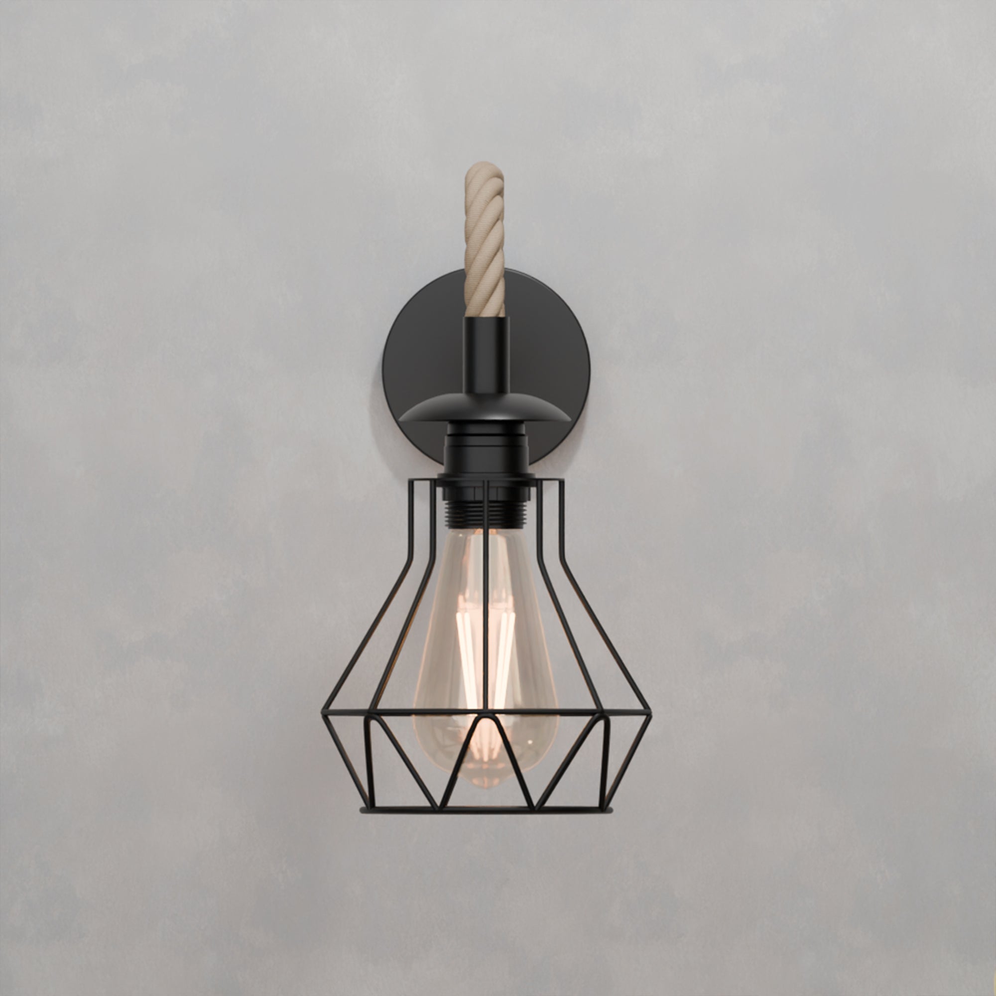 Black Rope Wall Sconce, Industrial 14cm Diamond Cage Light, Vintage Fixture