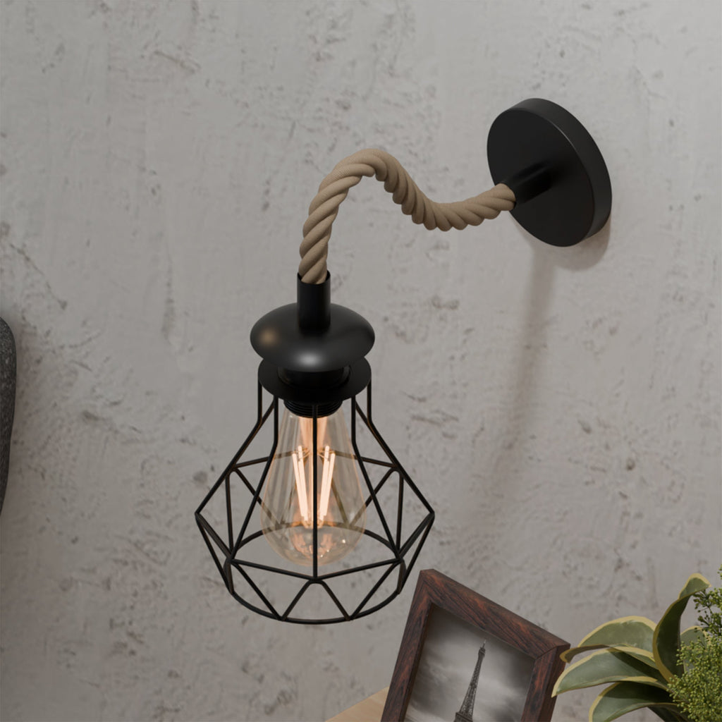 Black Rope Wall Sconce, Industrial 14cm Diamond Cage Light, Vintage Fixture