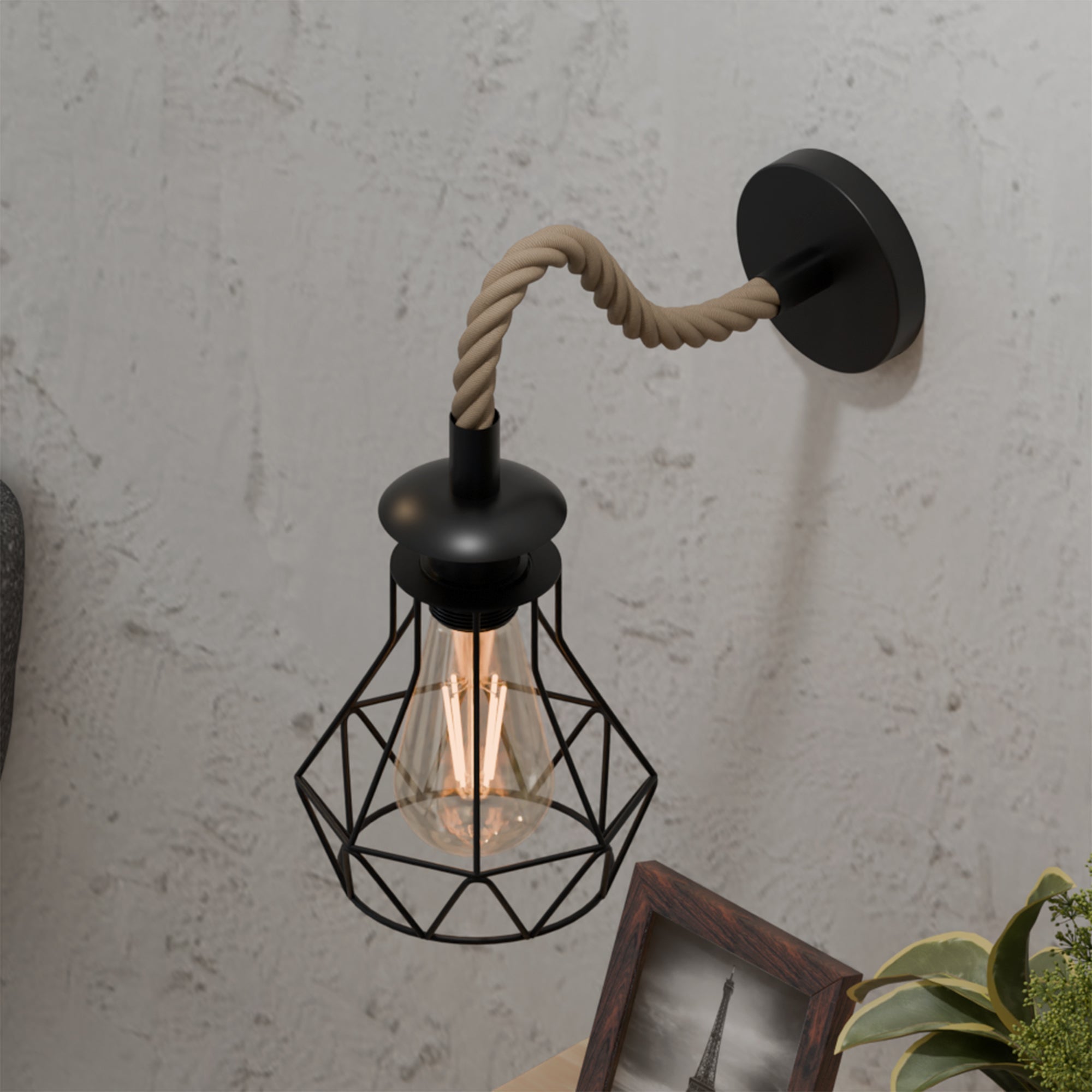 Black Rope Wall Sconce, Industrial 14cm Diamond Cage Light, Vintage Fixture