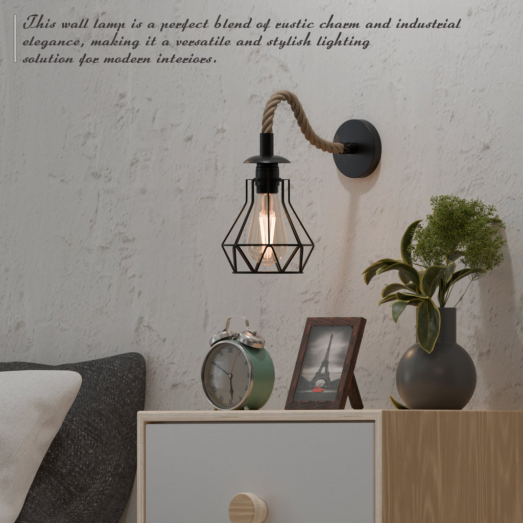 Black Rope Wall Sconce, Industrial 14cm Diamond Cage Light, Vintage Fixture