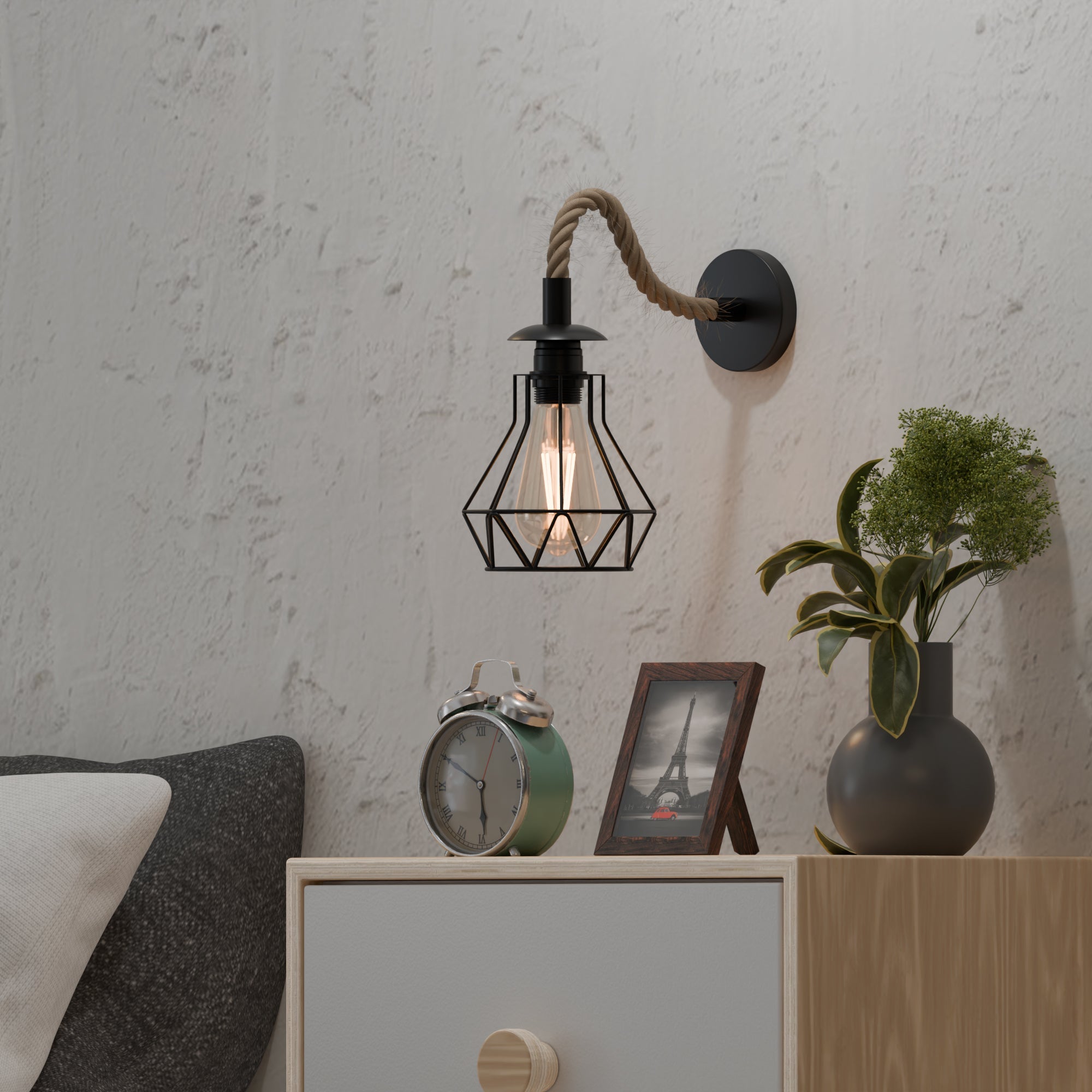 Black Rope Wall Sconce, Industrial 14cm Diamond Cage Light, Vintage Fixture