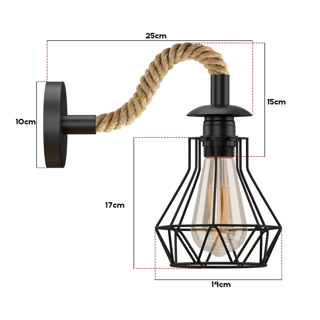 Black Rope Wall Sconce, Industrial 14cm Diamond Cage Light, Vintage Fixture